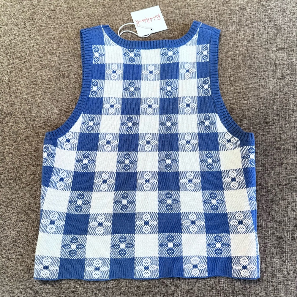 Rachel Antonoff Pippa Shell Sweater Sleeveless in Blue and White Gingham Print - Picture 4 of 5